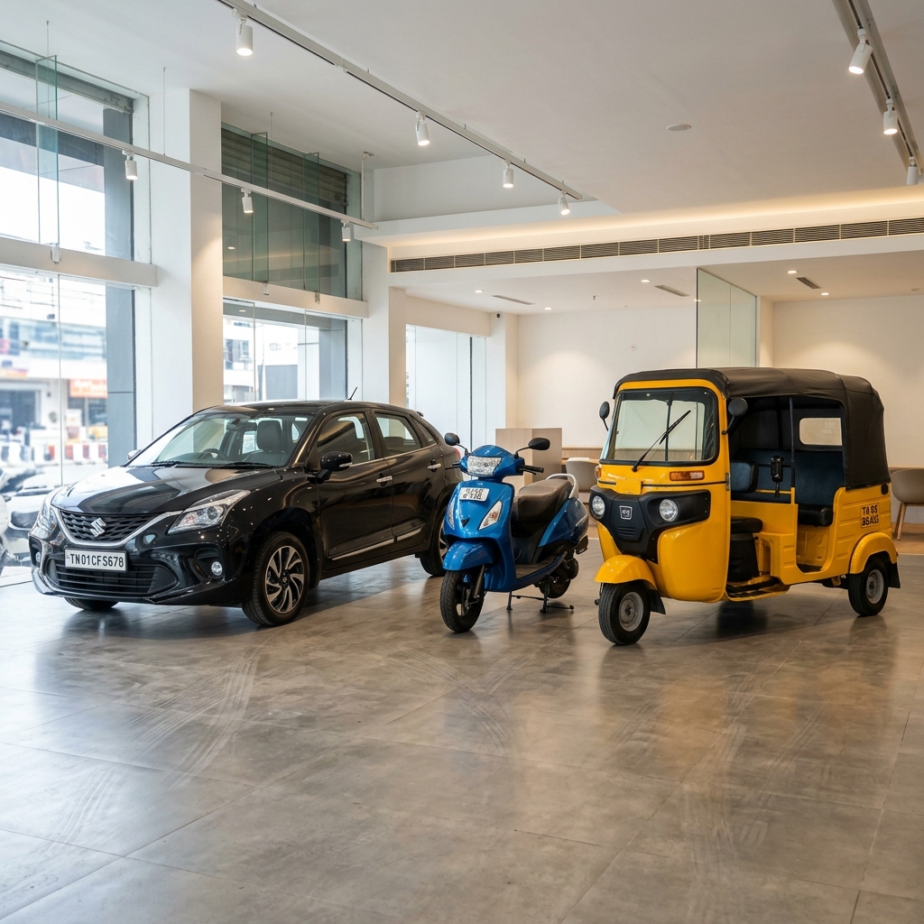 TN Registered Car, Scooty and 3 Wheeler inside a shop